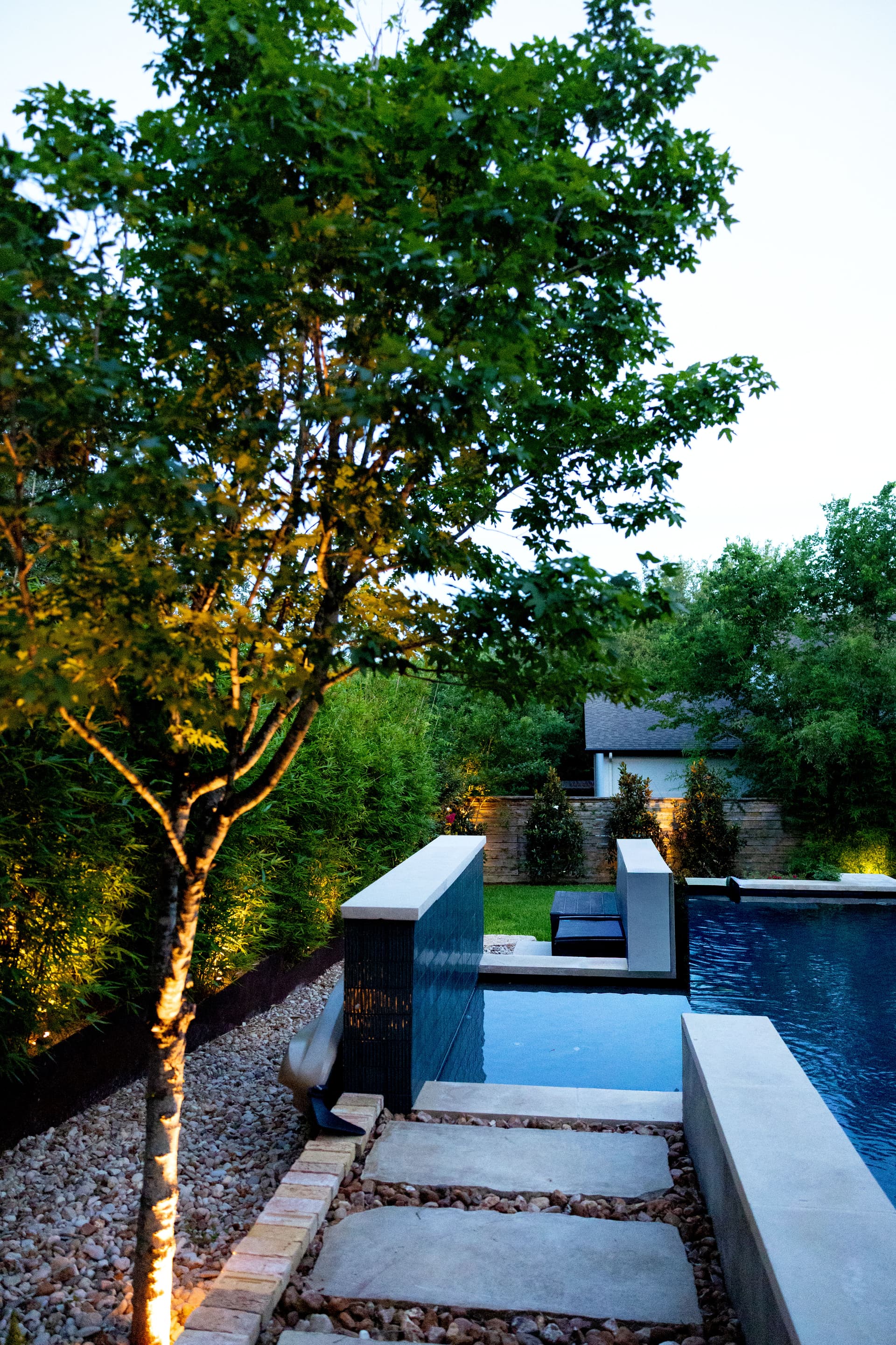 Gallery photos for Backyard Pool Landscape Design with Lighting and Privacy Plantings: Image #2